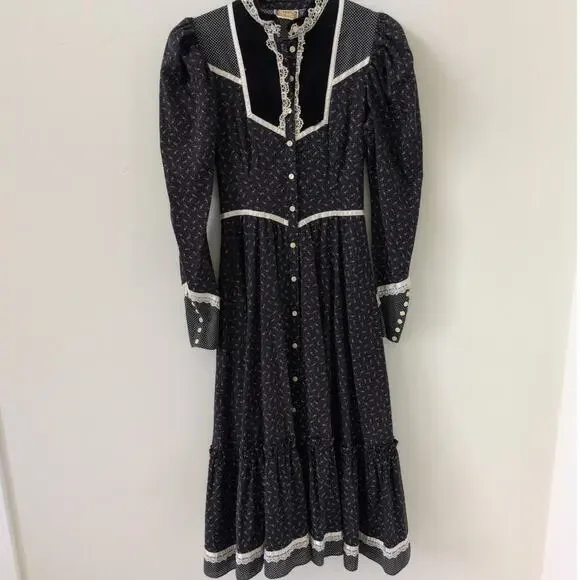 Vintage 70s Gunne Sax Black Floral Calico Midi Dress XS - Picture 2 of 9